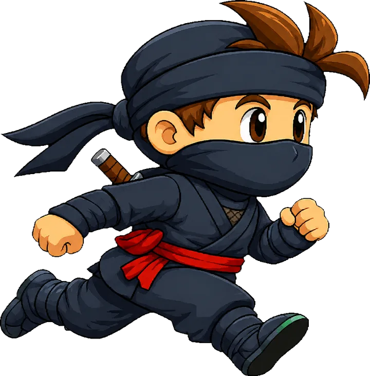 The Wishtrap runner, a small ninja in dark navy with a red sash, mid stride.