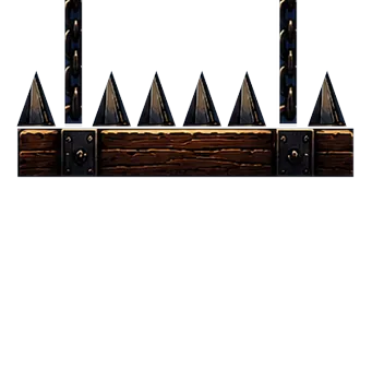 A spiked wooden beam hanging on chains that leave the top of the picture,
              its underside at head height.