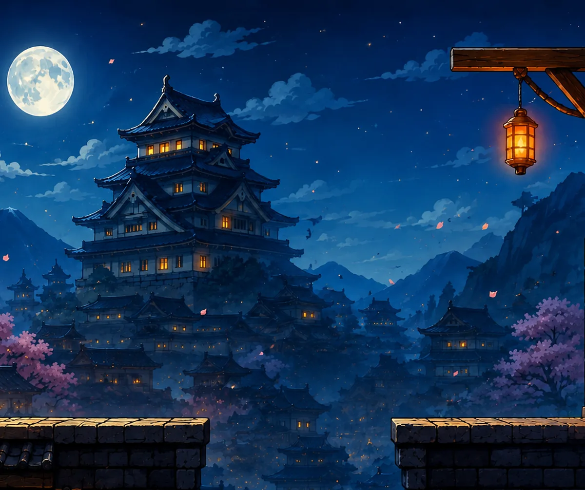 The world Wishtrap is played on: a Japanese castle at night under a full moon,
            lantern light in its windows, cherry blossom and a town far below, seen from a
            lit stone rampart with a gap in it.